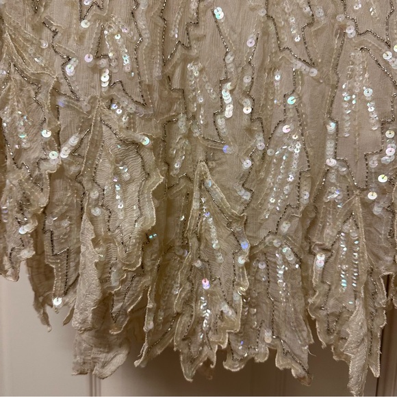 Vintage Saint Honore Beige Silk Sequin Beaded Flapper Dress, Small - Picture 3 of 9